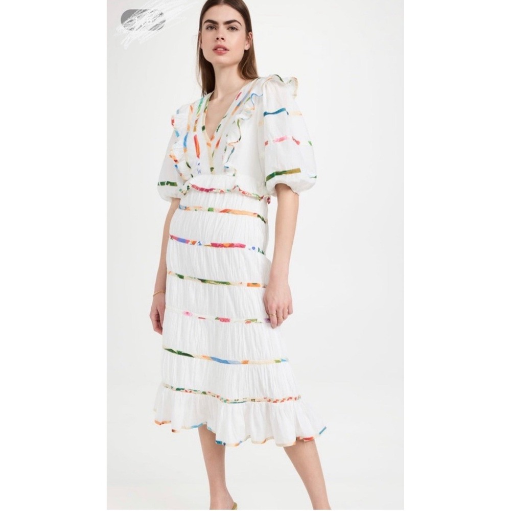 Farm Rio Mixed Print White Striped Midi Dress V-Neck Ruffle Puff Sleeves XS